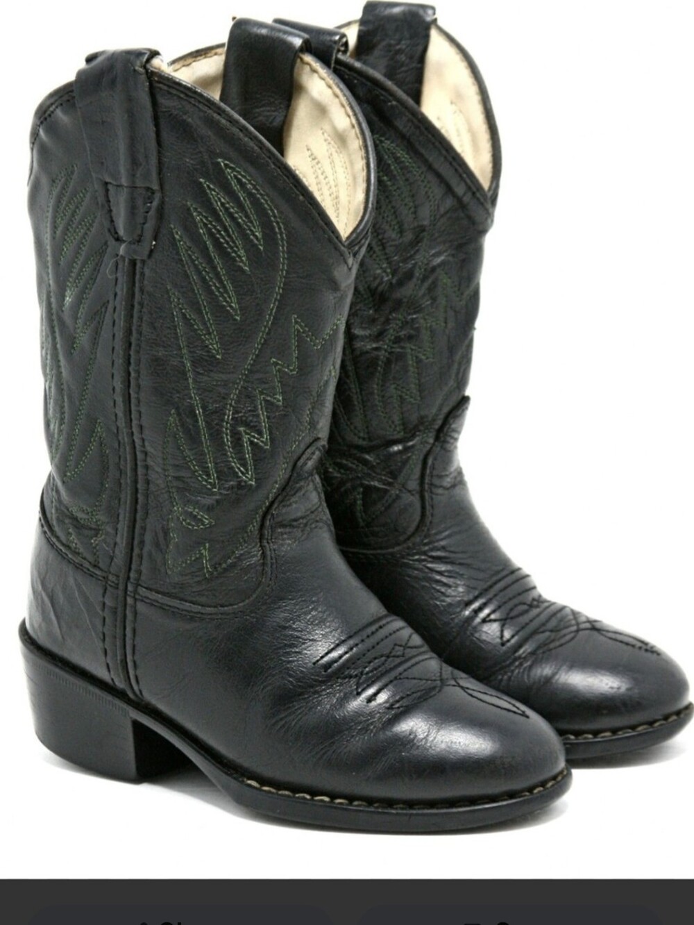 Old West Kids Black Leather little kids cowboy boots With Green Stiching size 13